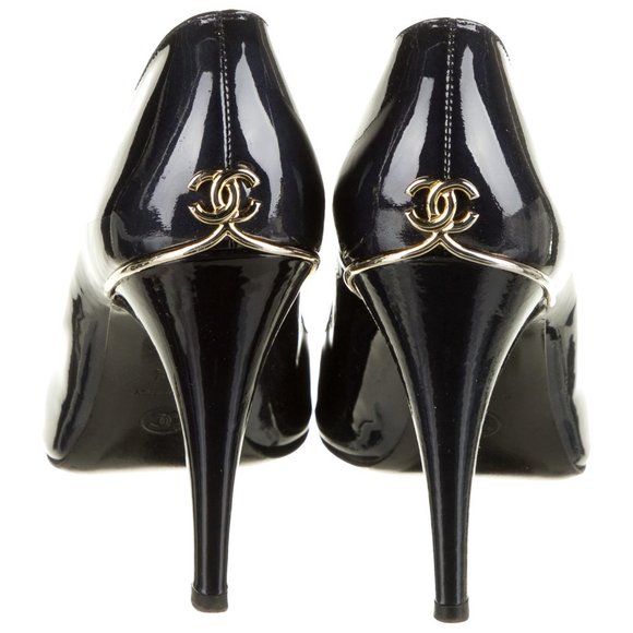 CHANEL Shoes - Chanel CC Dark Navy Patent Leather Peep-Toe Pumps